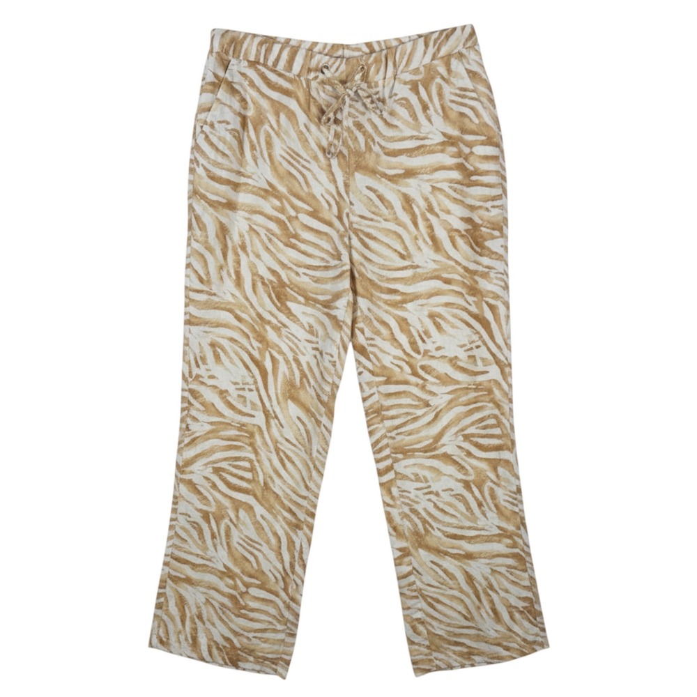 JM Collection Womens Tan White Zebra Animal Print 100% Linen Drawstring Pants 14